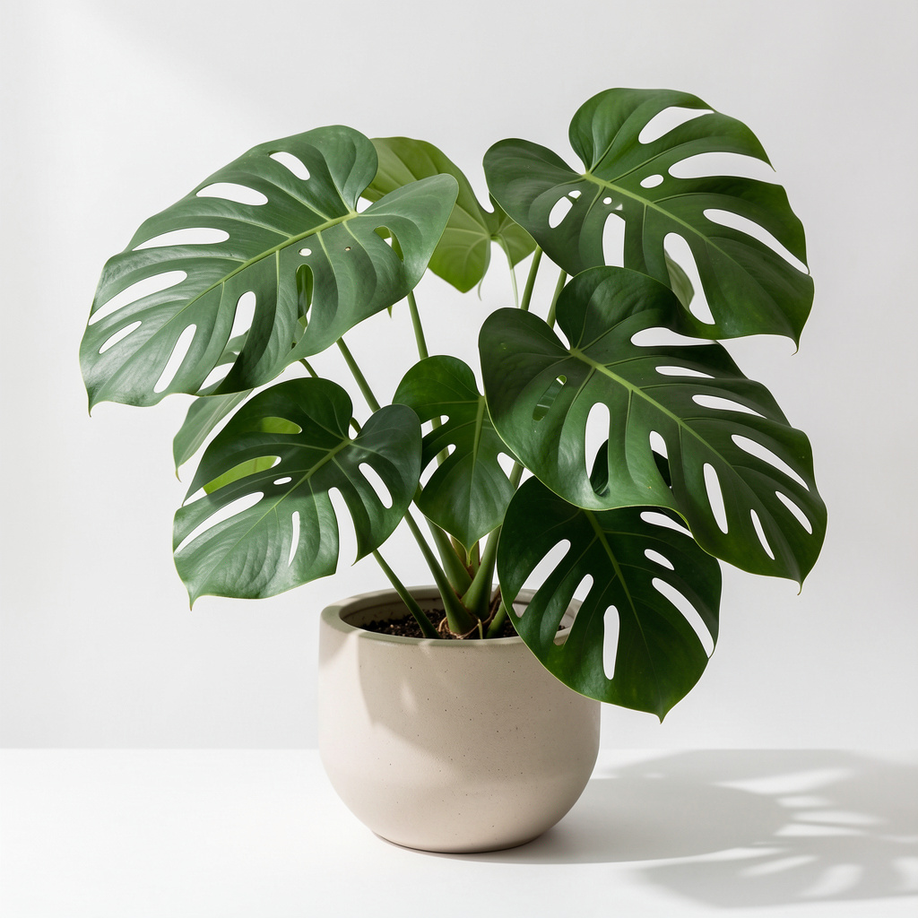 Lush Monstera Deliciosa with fenestrated leaves in modern ceramic pot