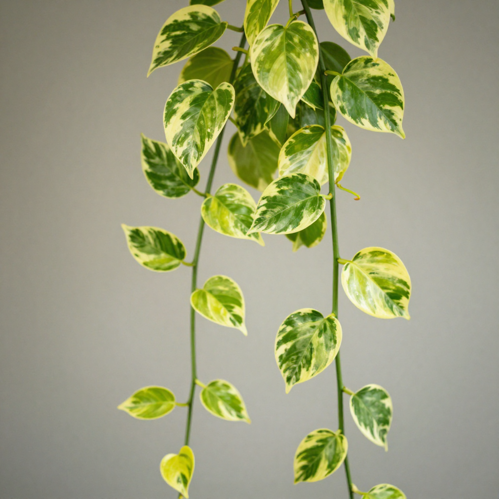 Golden Pothos with cascading vines and heart-shaped variegated leaves