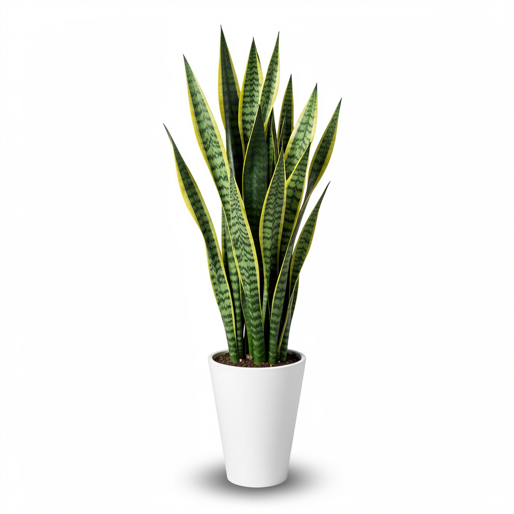 Tall Snake Plant Sansevieria with variegated upright leaves in white pot